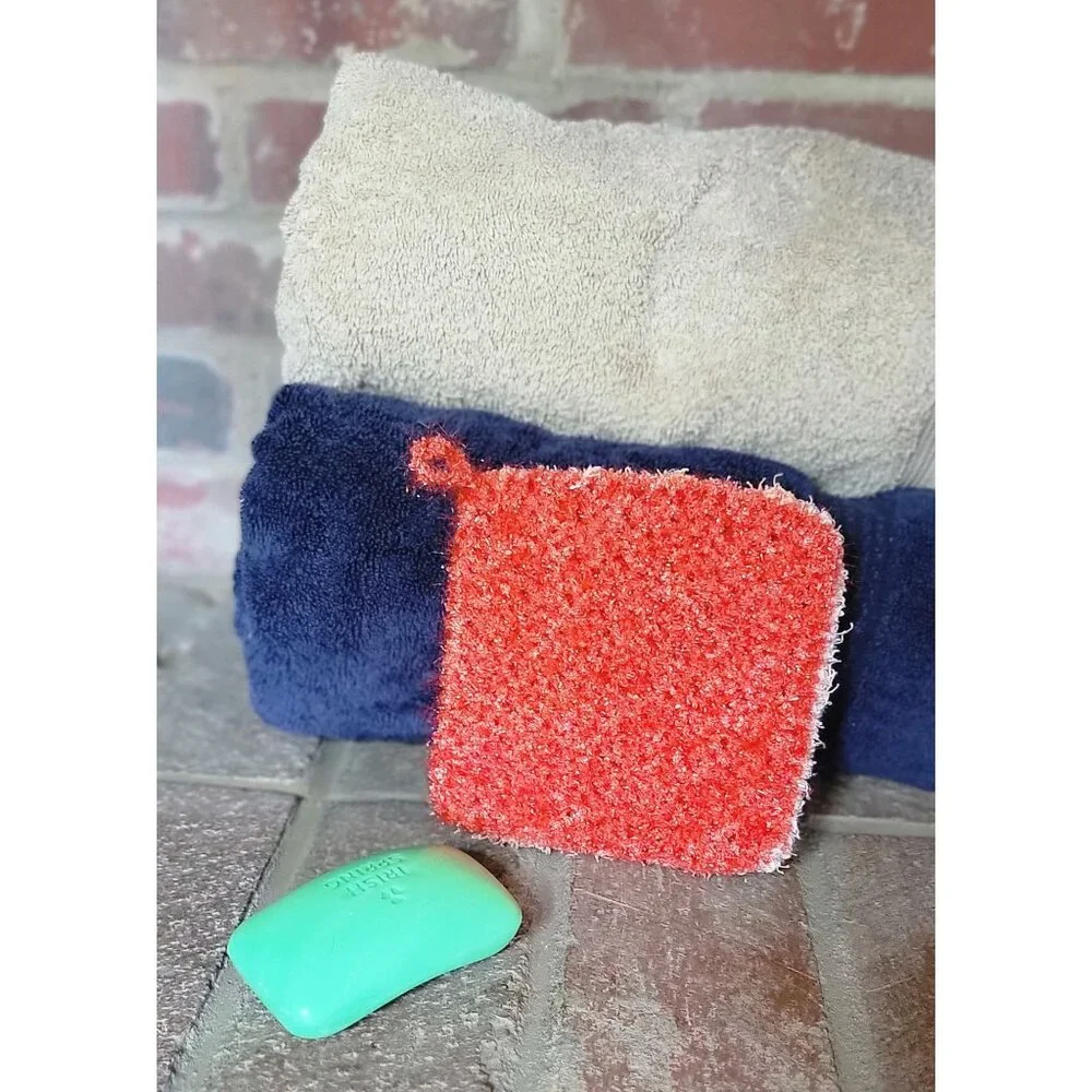 Sea foam green and coral shower scrubby